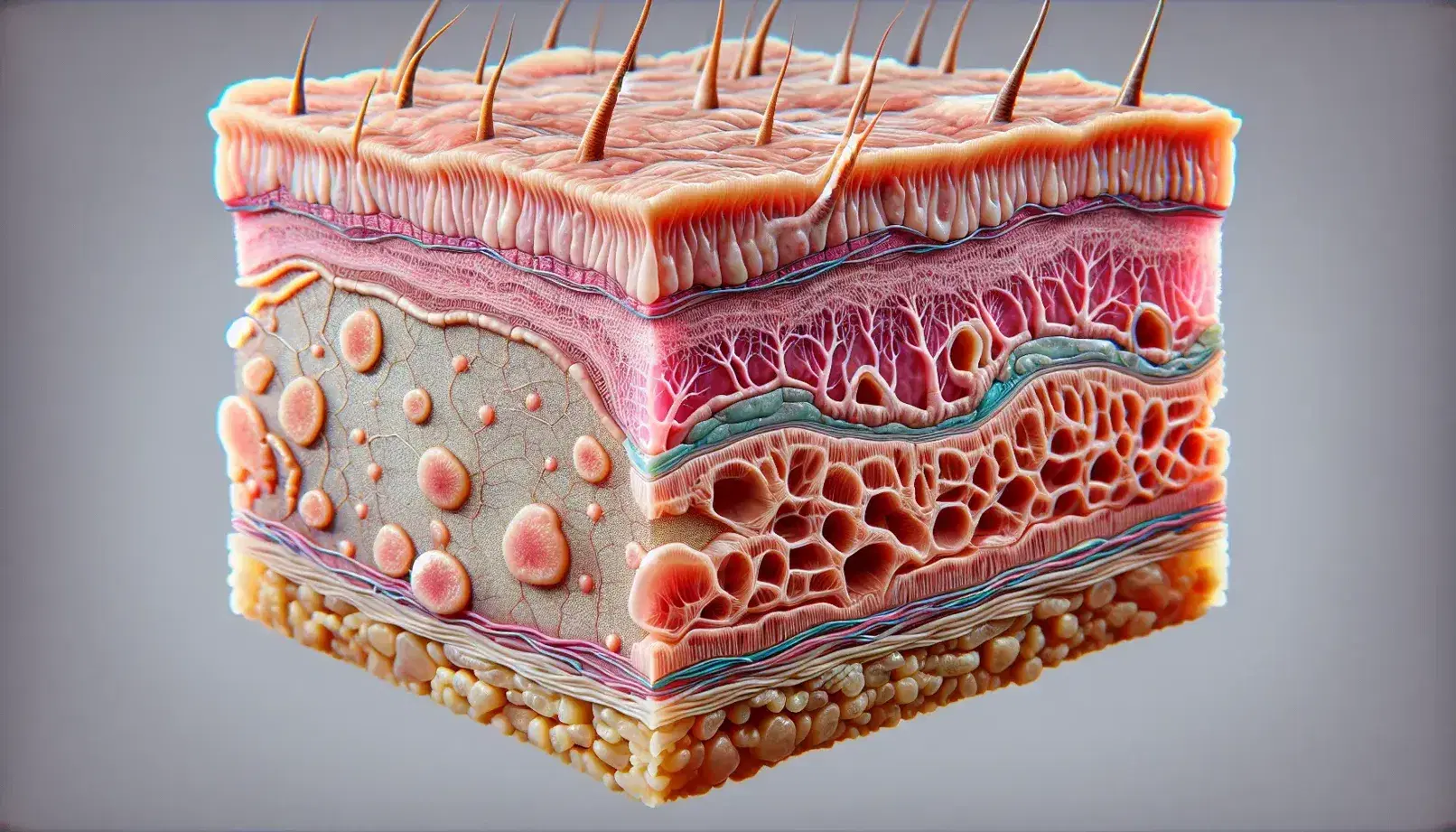 Sección transversal detallada de piel humana mostrando capas epidermis en tonos rosa y marrón, dermis rosa con vasos sanguíneos y fibras de colágeno, e hipodermis amarilla con células adiposas.