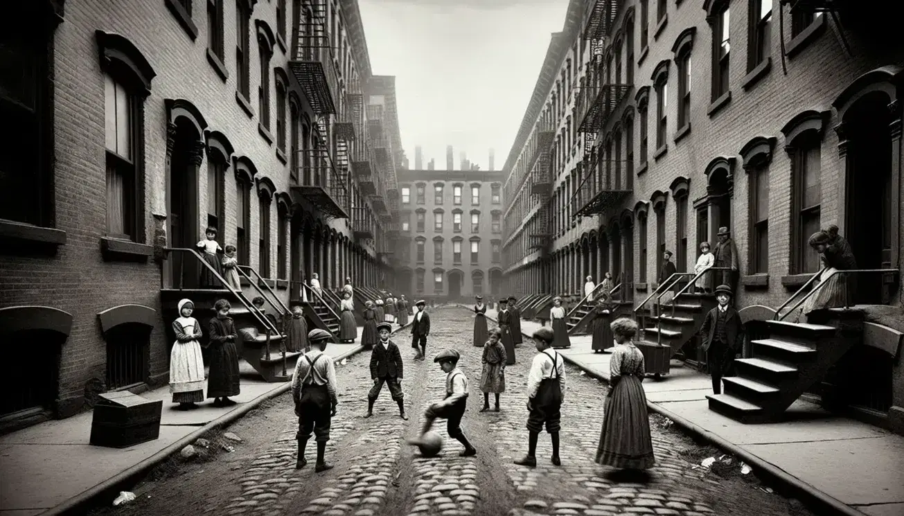 Early 20th-century street scene with children playing ball, adults going about their day, horse-drawn cart, and aged tenement buildings with fire escapes.