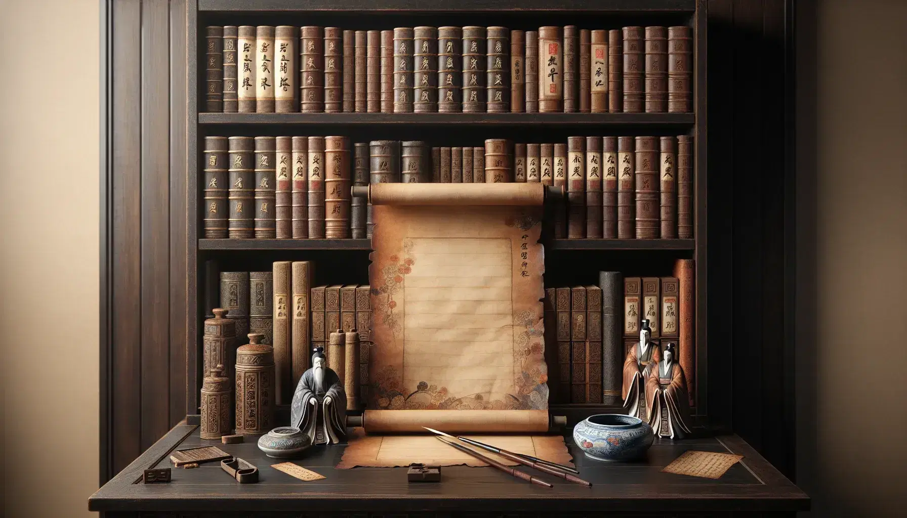 Estantería de madera oscura repleta de libros antiguos con lomos gruesos, pergamino en blanco, figura de porcelana china, tintero de piedra y pincel de caligrafía, abanico de madera y papel.