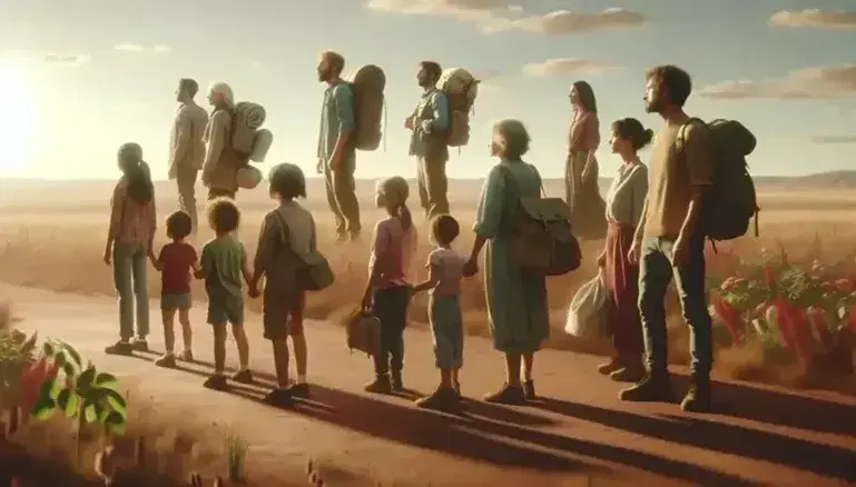 Grupo diverso de personas de diferentes edades y etnias de pie en un terreno abierto bajo un cielo azul, reflejando unidad y esperanza en su mirada al horizonte.