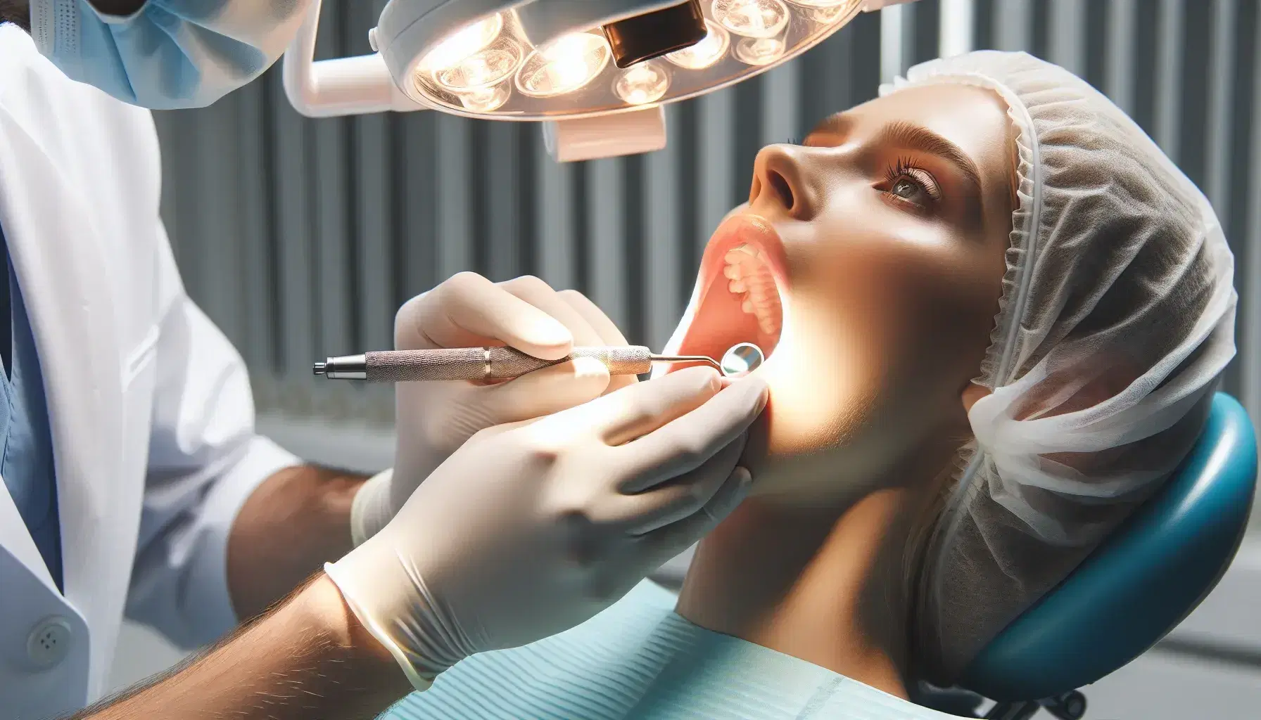 Profesional de la salud en bata blanca examina la boca de un paciente con espejo dental y guantes azules bajo luz de lámpara ajustable.