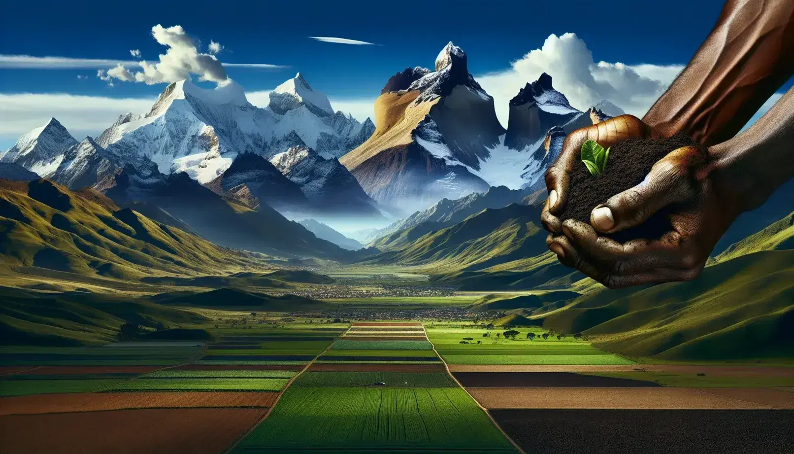 Mani di persona dalla pelle scura che tengono terra fertile con sfondo di pianura verde e montagne innevate, paesaggio naturale americano.