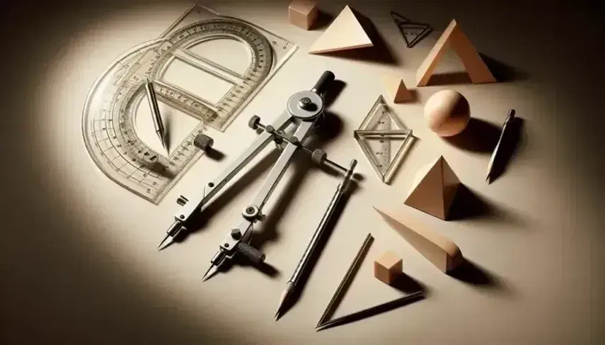 Geometric tools and shapes on a neutral surface: compass, protractor, wooden shapes, metal dividers and colored acrylic shapes.