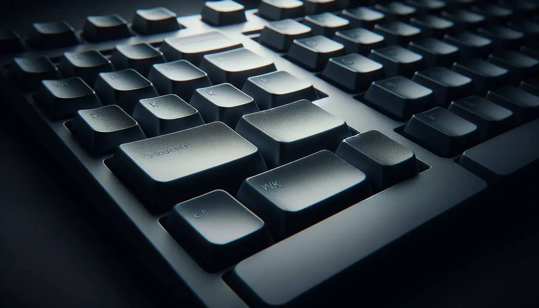 Close-up of a gray QWERTY computer keyboard on a dark background, with emphasis on the glossy 'a', 's' and 'd' keys illuminated by soft lighting.