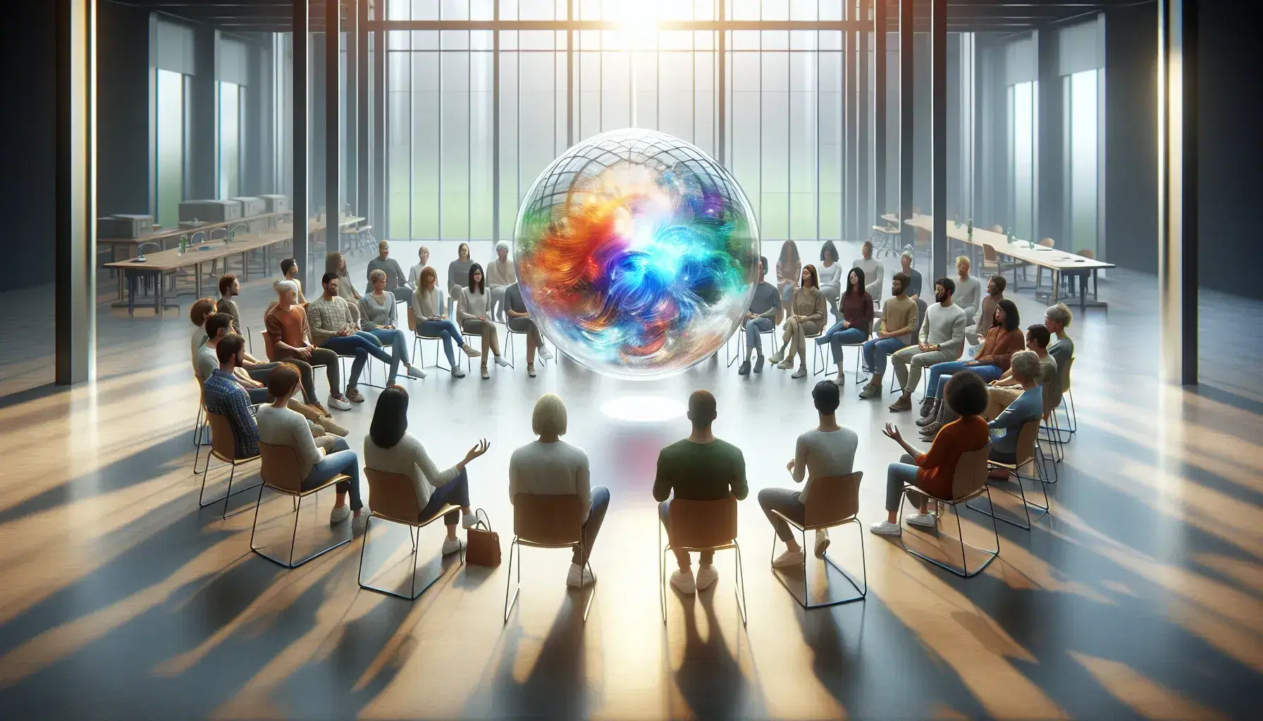 Gruppo multietnico seduto in cerchio in una sala luminosa, concentrato su una sfera trasparente colorata al centro, senza distrazioni digitali.