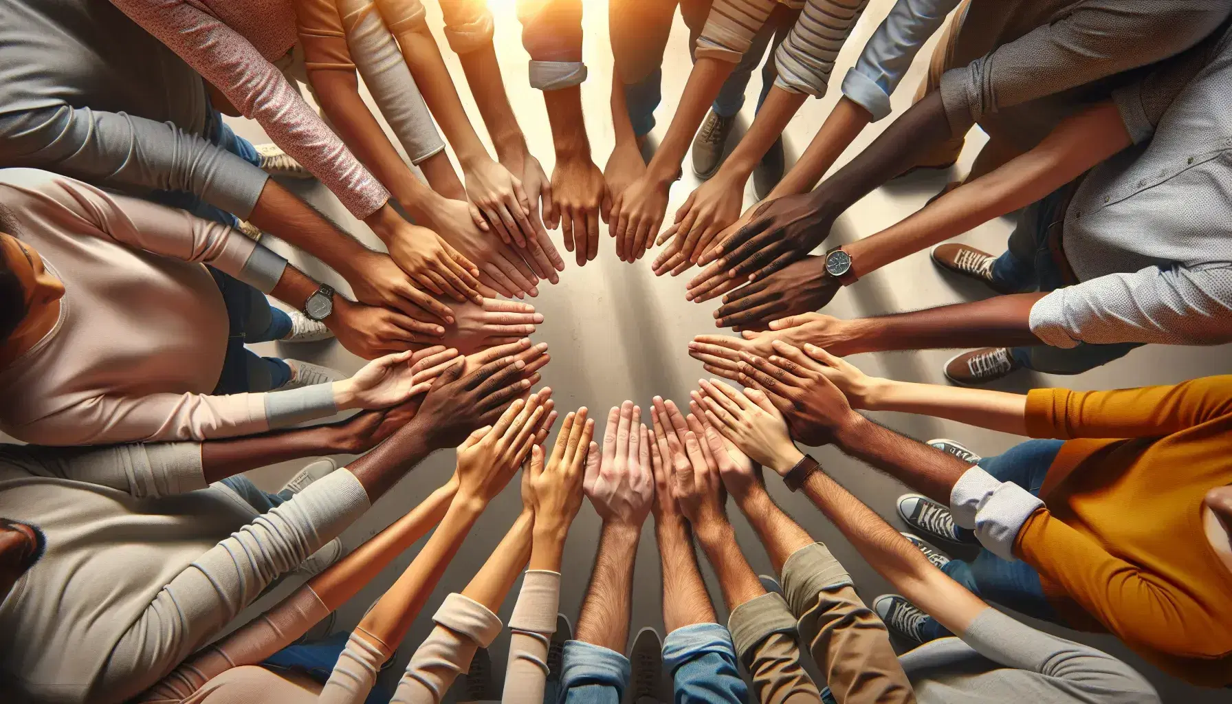 Manos entrelazadas de personas de diversas etnias en señal de unidad y apoyo mutuo, sobre fondo neutro y sin distracciones.