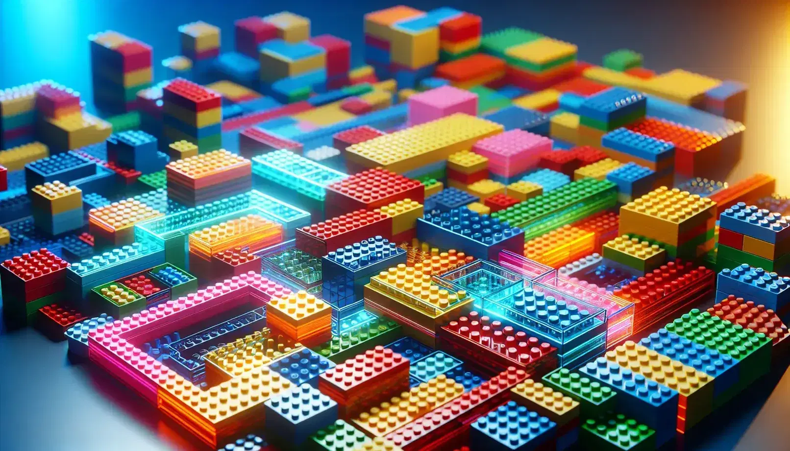 Bloques de construcción tipo Lego en colores vivos formando una estructura tridimensional sobre superficie plana, con piezas adicionales desenfocadas al fondo.