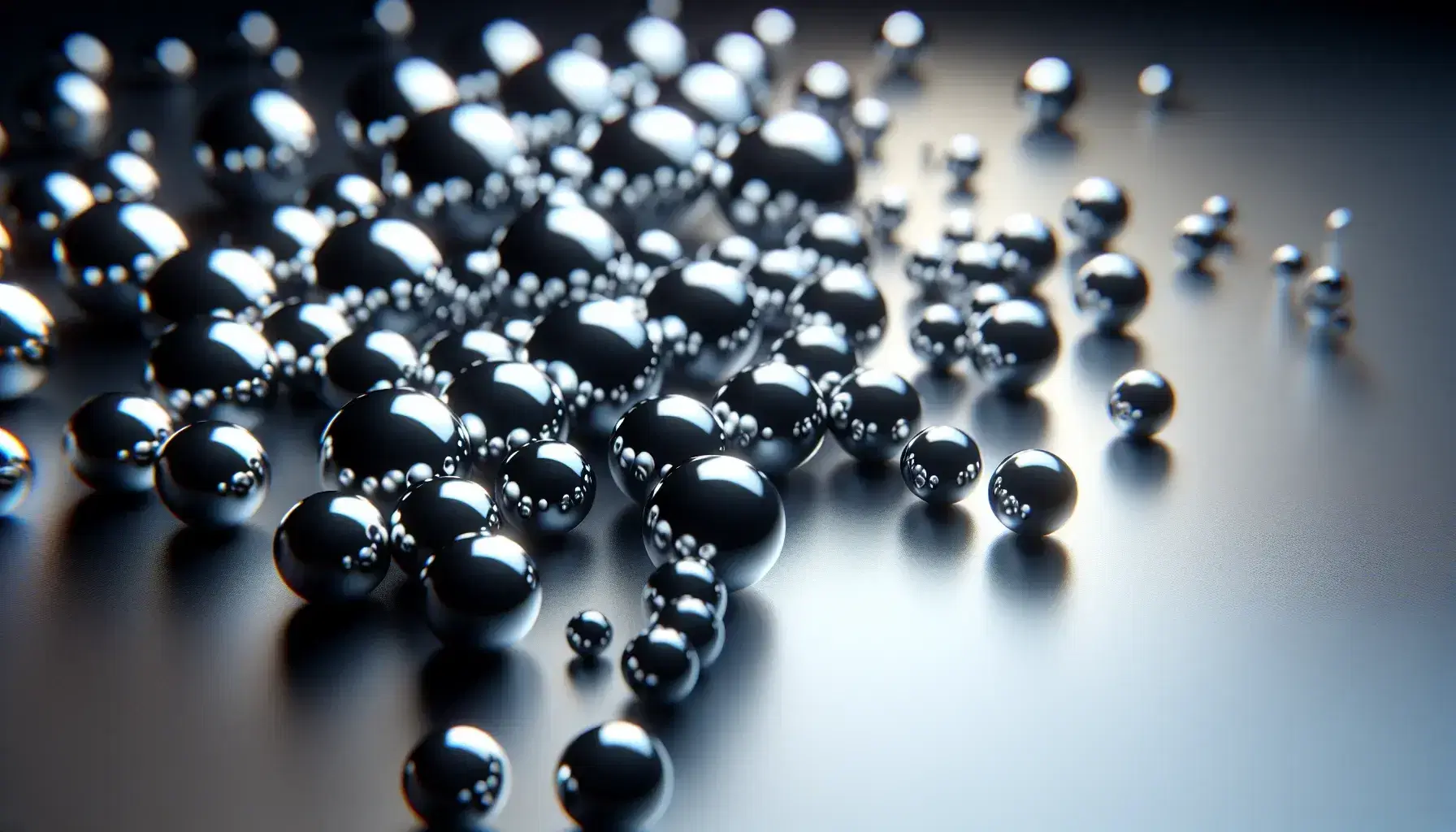 Sfere metalliche lucide di varie dimensioni su superficie opaca grigia, con riflessi luminosi e ombre che creano profondità.