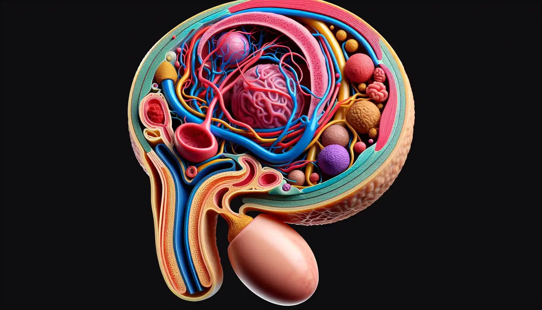 Rappresentazione anatomica del sistema riproduttivo maschile con testicolo, scroto, vas deferens e pene evidenziati in colori distinti.