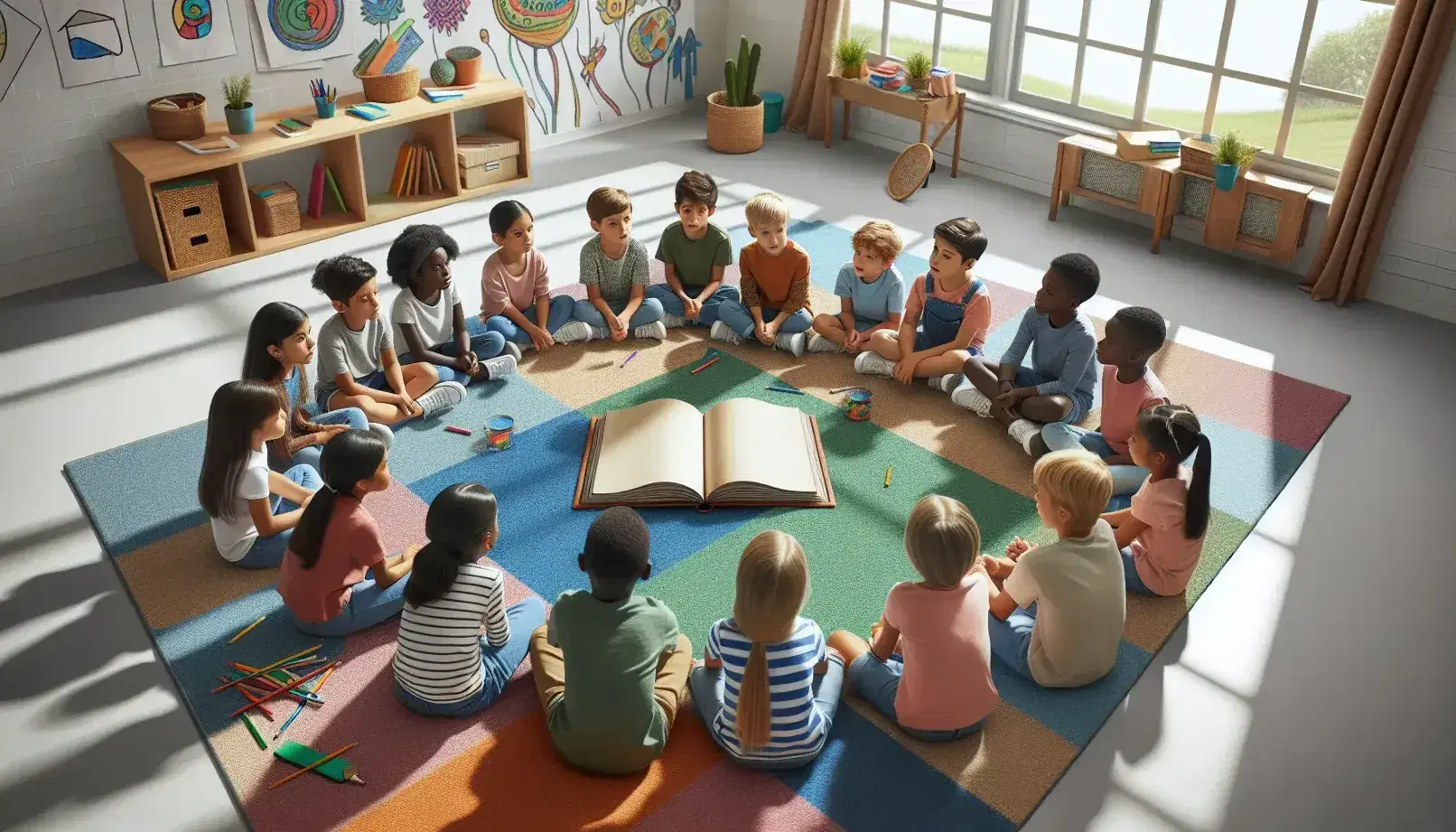 Bambini multietnici seduti in cerchio su un tappeto colorato in aula, discutono attorno a un libro aperto con pagine bianche, esprimendo curiosità e collaborazione.