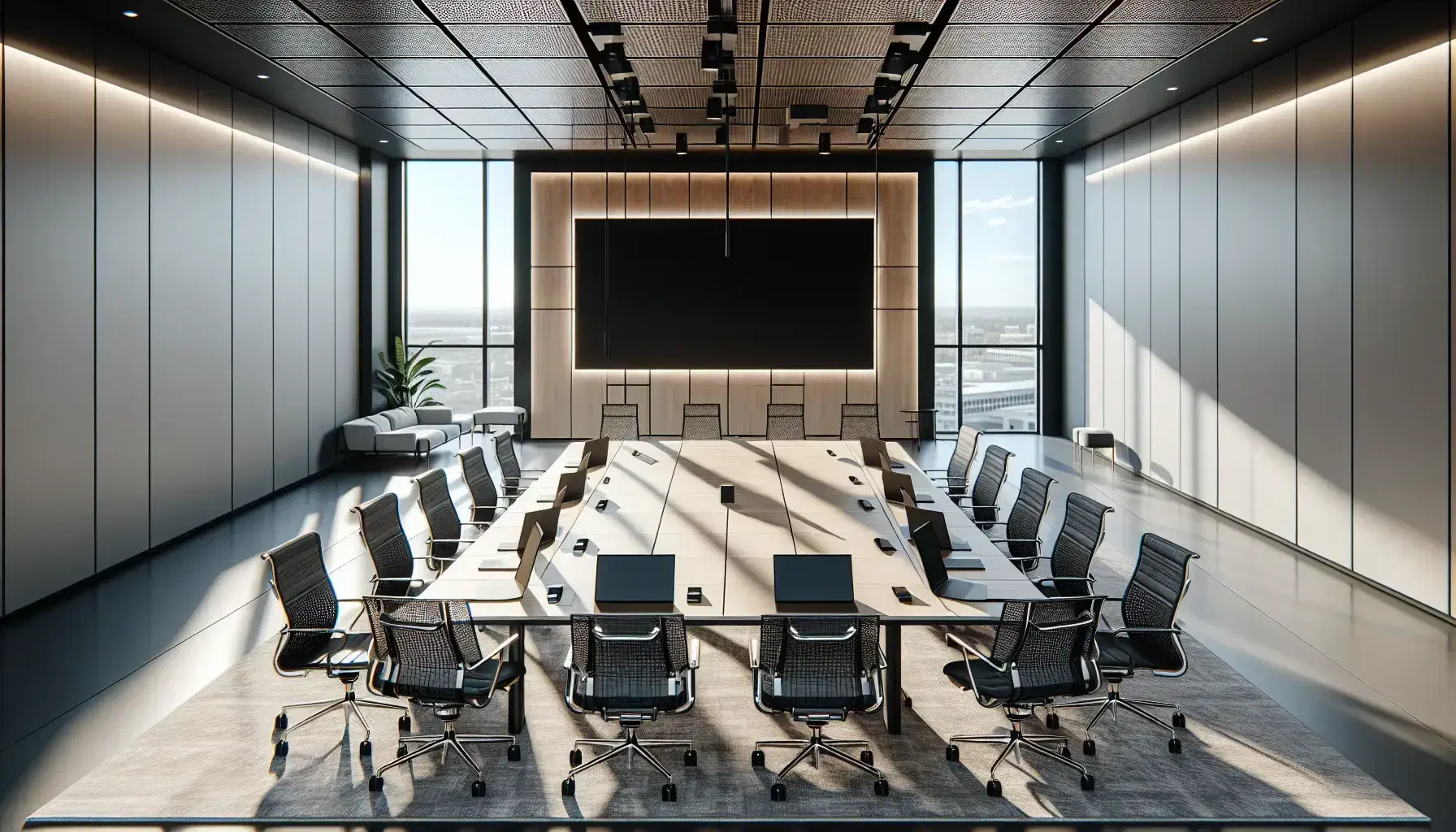 Sala de reuniones moderna y luminosa con mesa rectangular, sillas ergonómicas, laptops, pantallas apagadas y ventana con vista al cielo.