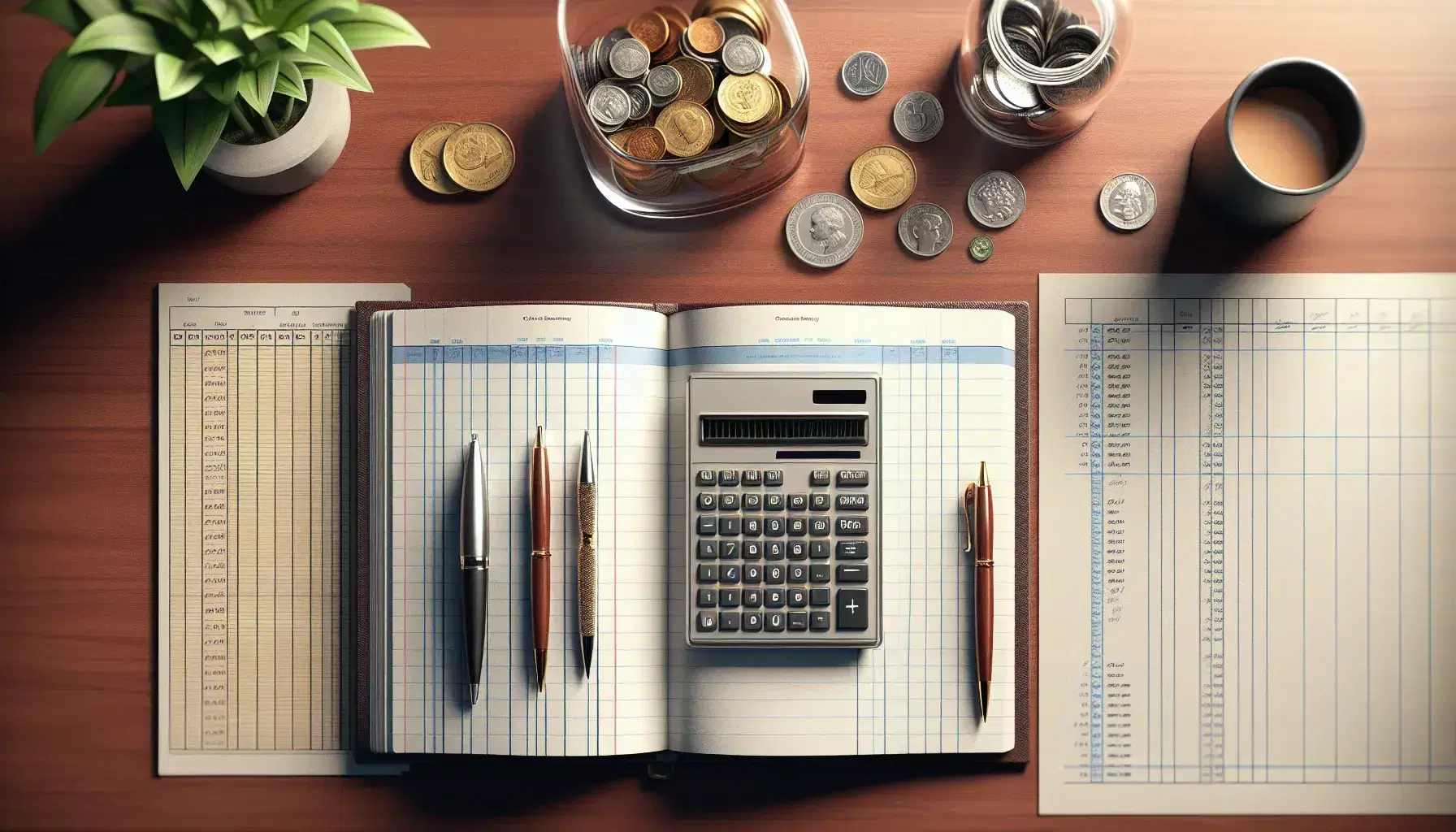 Organized office desk with calculator, open ledger book, metallic pens, jar of mixed coins, potted plant, and black-framed eyeglasses on mahogany surface.