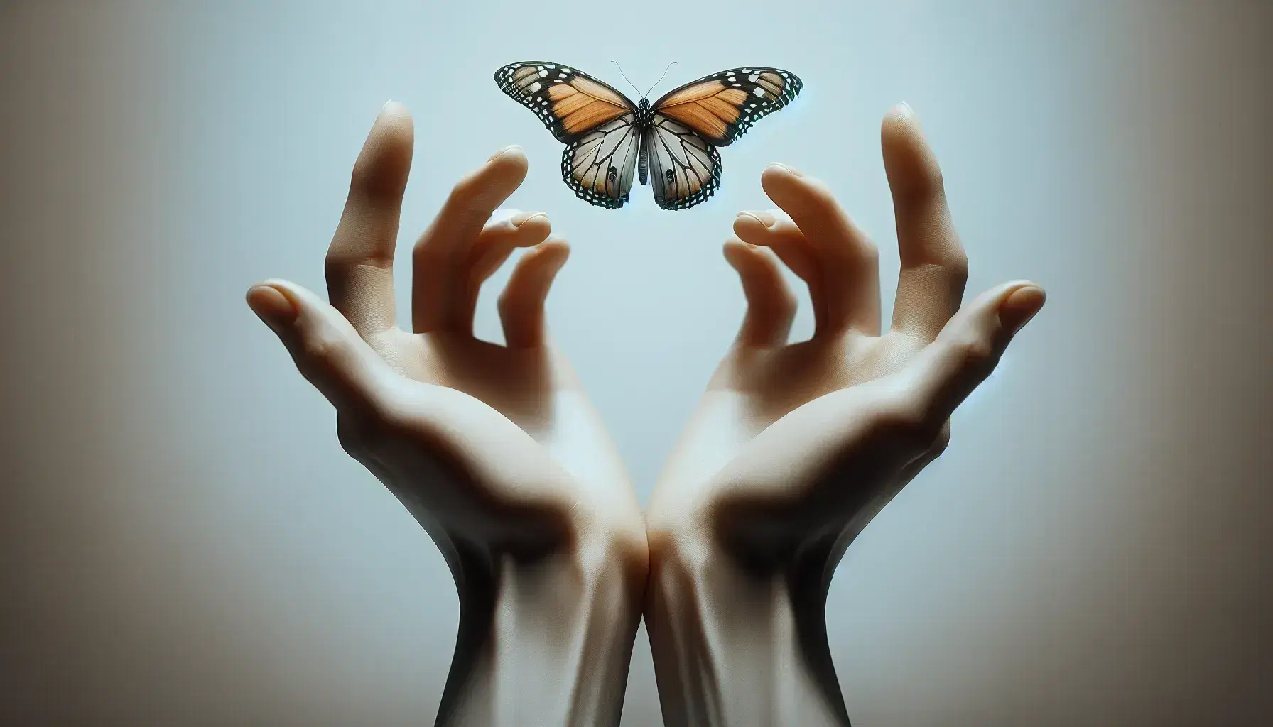 Manos humanas abiertas frente a frente con una mariposa de alas naranjas y negras suspendida entre ellas, sobre fondo azul suave.