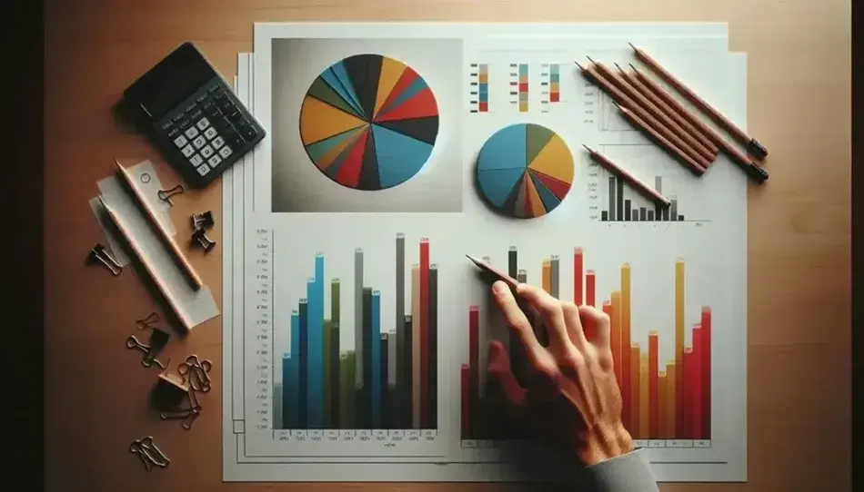 Gráficos de barras y sectores en colores sobre mesa de madera con calculadora gris y lápices, mano señalando dato específico, reloj y papeles al fondo.