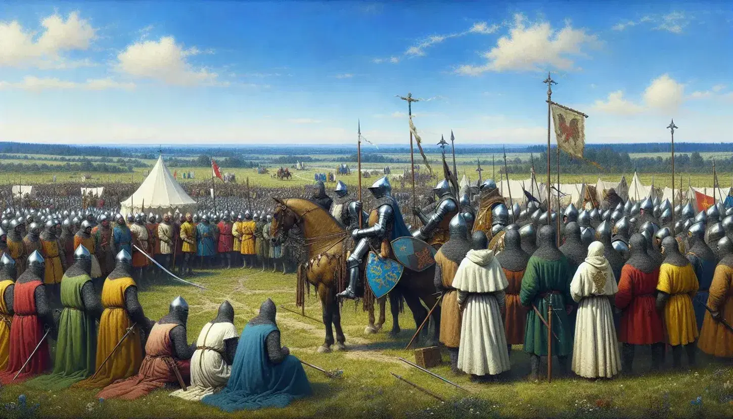 Medieval knights on horseback with lances, foot soldiers, and a clergyman in a field, near a camp with flags, under a clear blue sky.