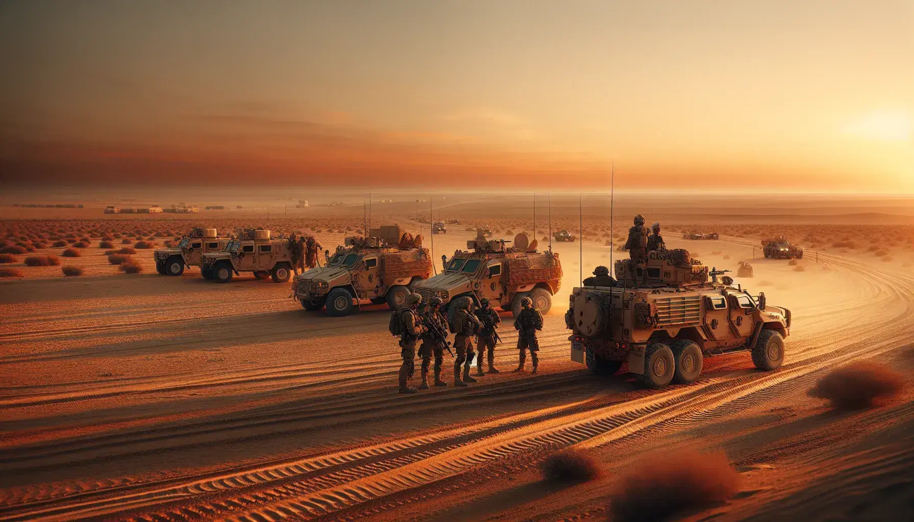 Military convoy with armored vehicles and soldiers in a desert at dusk, under a gradient sky transitioning from blue to orange.