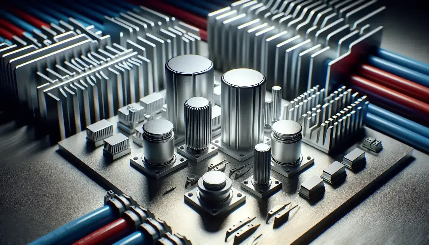 Dispositivos semiconductores de potencia sobre superficie metálica con disipadores de calor y cables coloridos desenfocados al fondo.