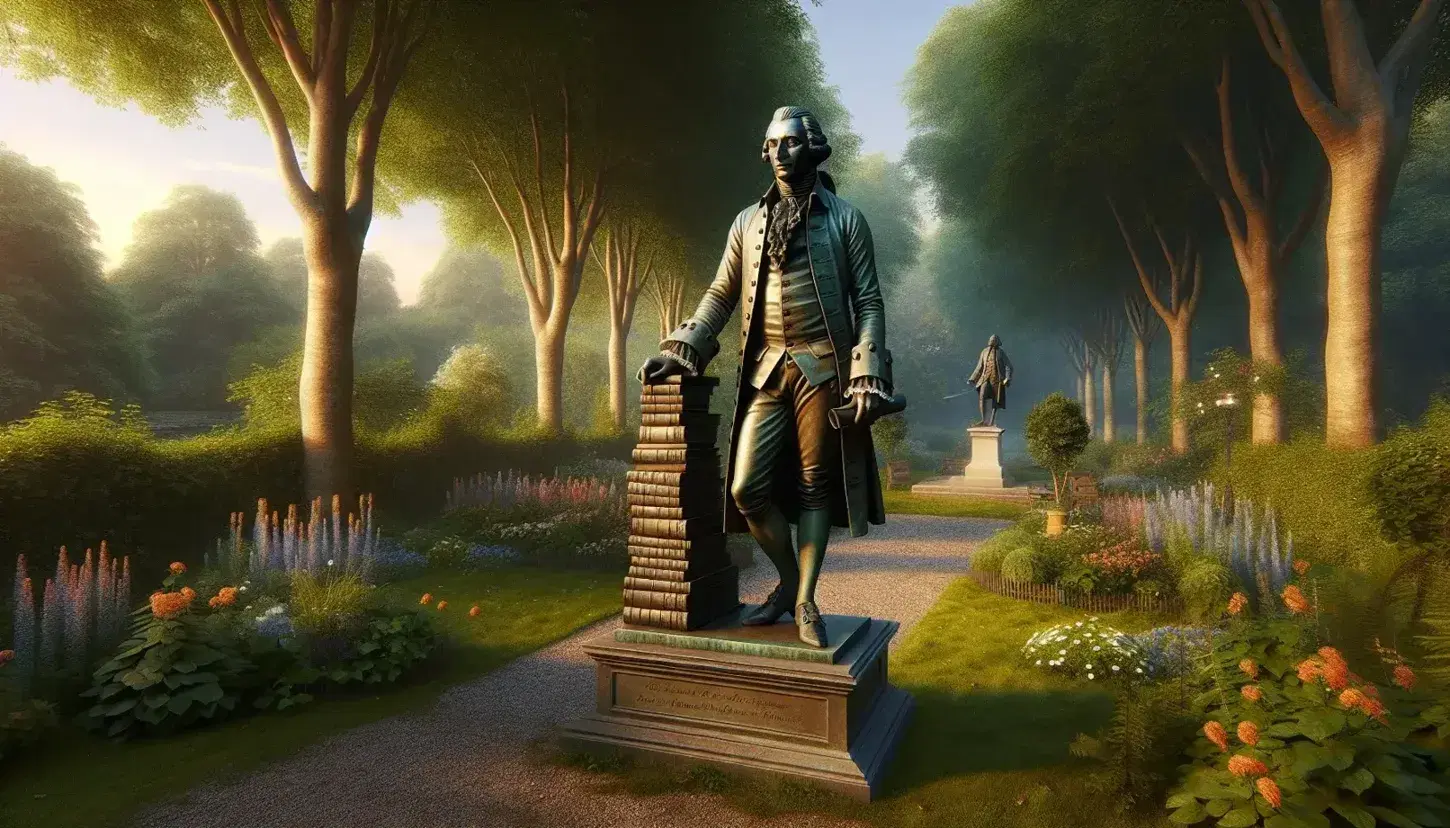 Bronze statue of historical writer with quill and books in a lush garden, under late-afternoon sunlight, evoking a tranquil 18th-century scene.
