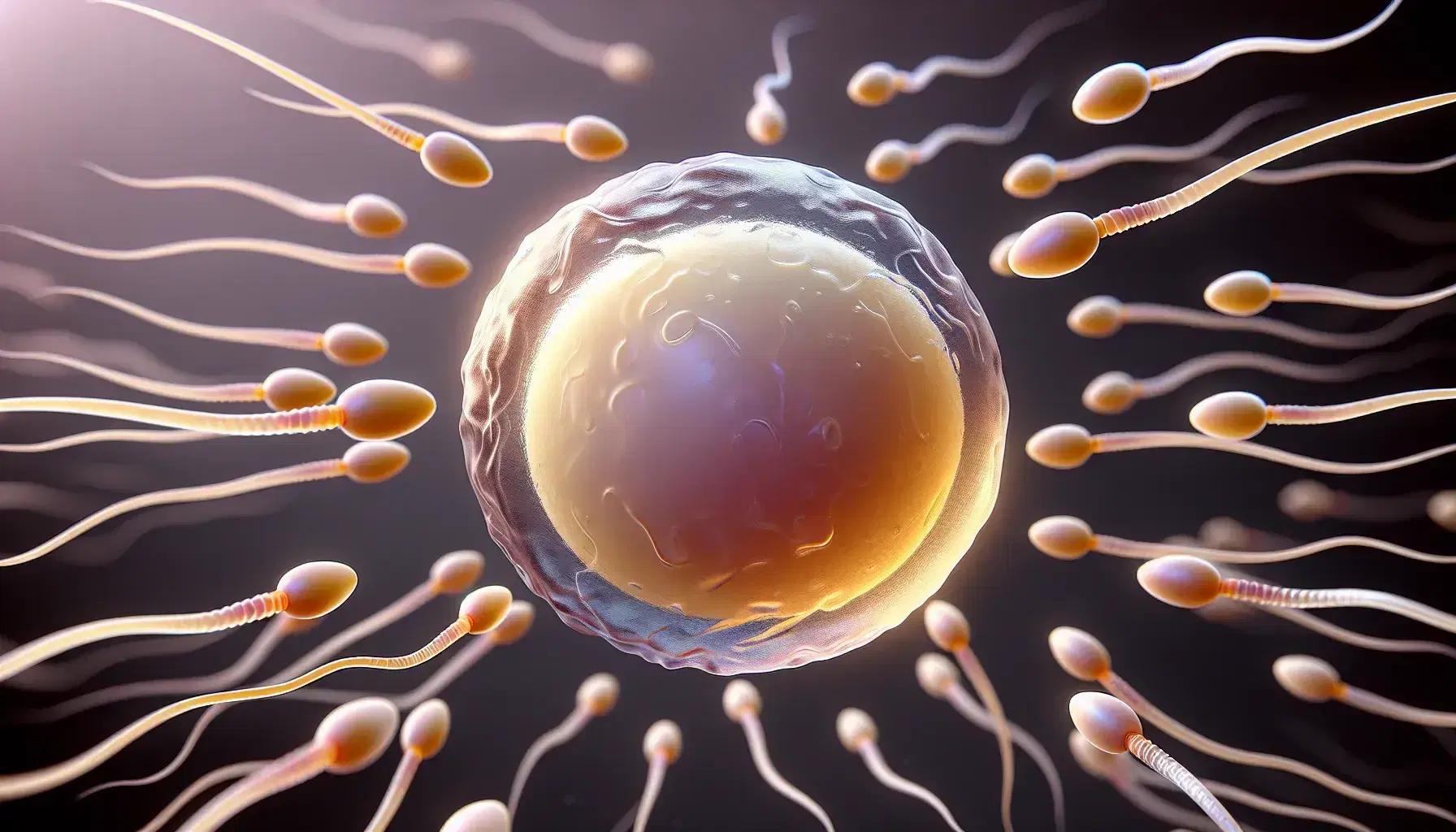 Close-up of a human egg surrounded by sperm cells moving towards it, with a dark purple background enhancing the color contrast.
