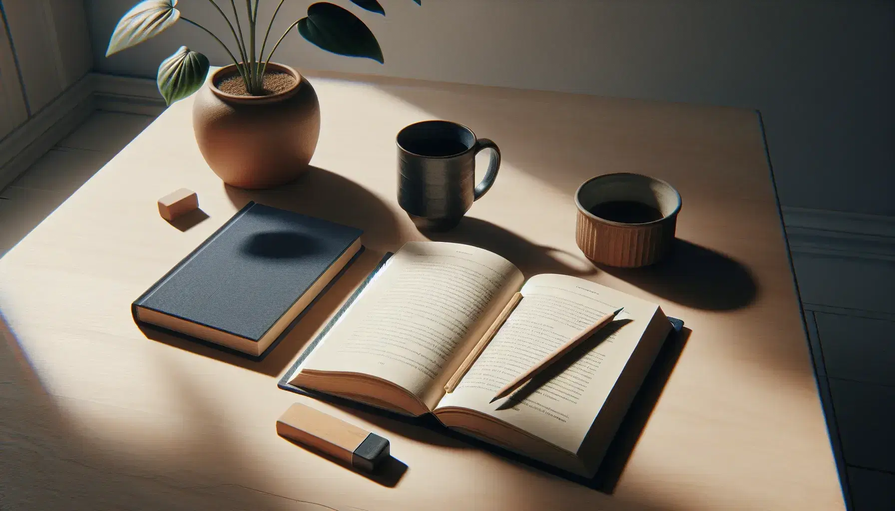 Mesa de madera clara con libro abierto, lápiz sobre cuaderno azul, taza con café y planta verde en maceta terracota bajo luz natural.