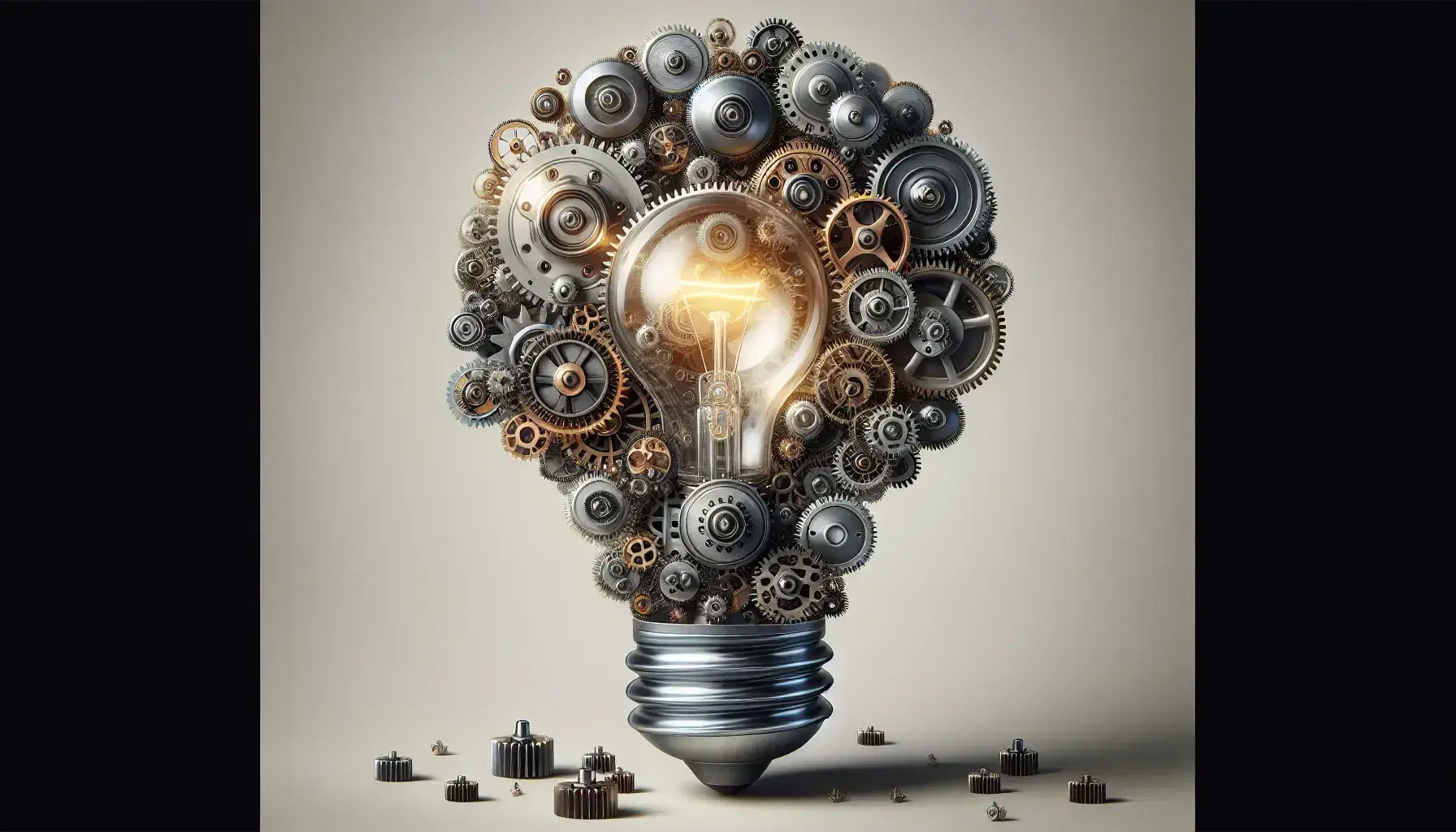 Interconnected metal gears of various sizes on gray background with lit light bulb giving off warm light, emphasis on movement and energy transfer.
