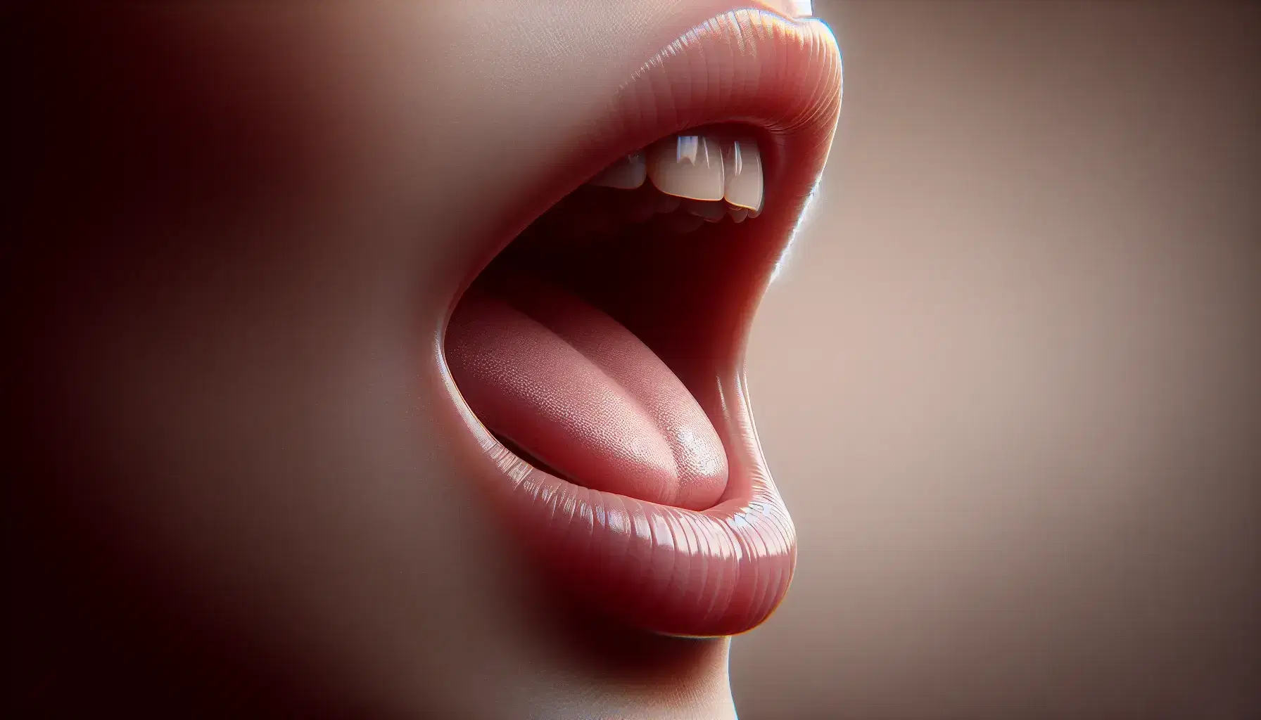 Close-up side view of a human mouth with slightly parted lips, teeth nearly touching, and tongue retracted, poised for speech.