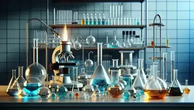 Laboratorio científico con matraces de vidrio y líquidos coloridos, quemador Bunsen encendido, microscopio y balanza analítica, sin etiquetas visibles.