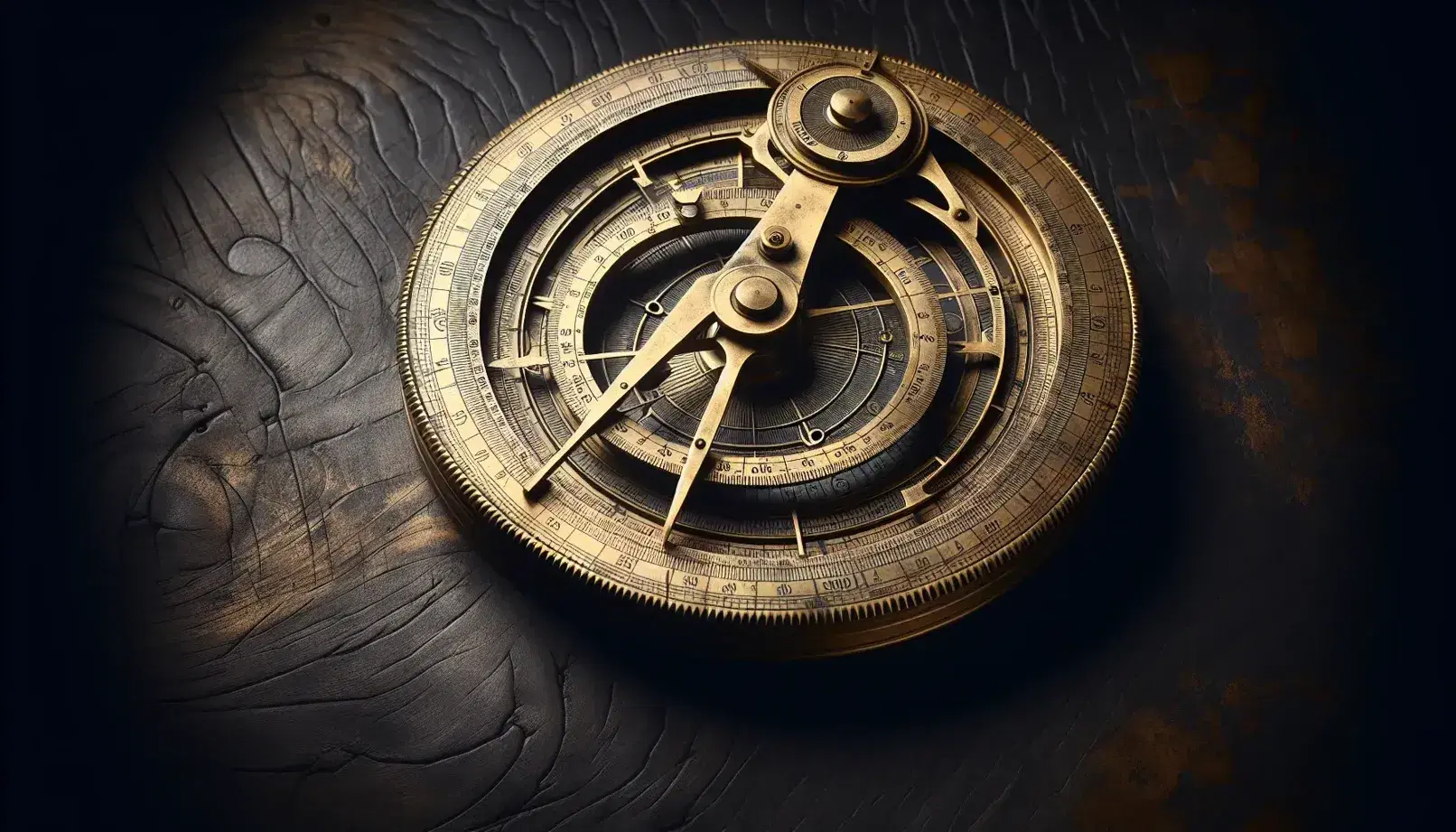 Vintage brass astrolabe on dark wood surface, with engraved concentric circles and diagonal alidade casting shadow.