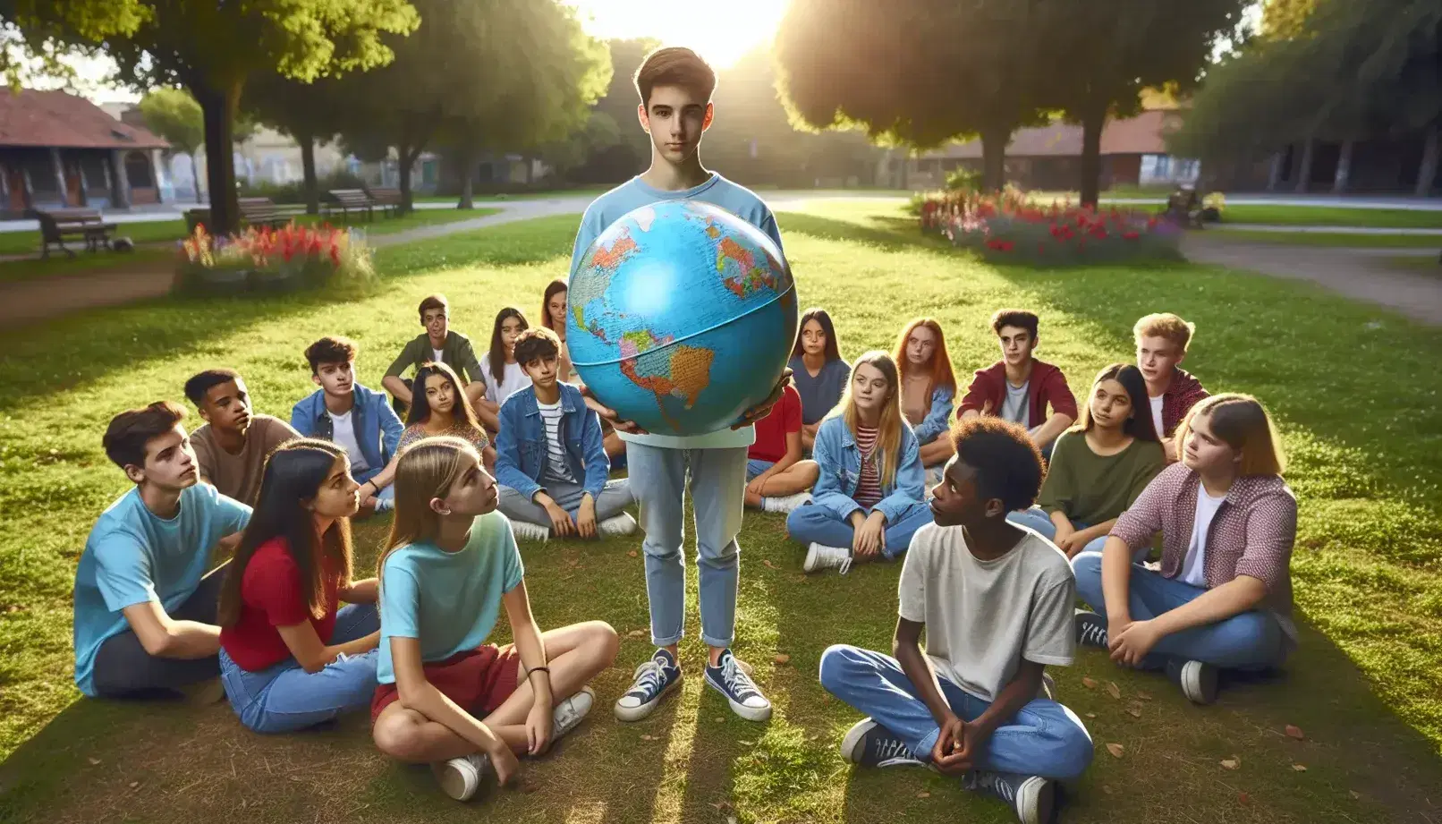 Grupo de adolescentes diversos sentados en parque observando a compañero de pie sosteniendo un globo terráqueo, rodeados de árboles y bajo cielo despejado.