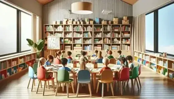 Aula escolar colorida con niños enfocados en libros, sillas de plástico multicolores alrededor de una mesa de madera, estantería con libros y planta en una esquina, iluminada por luz natural.