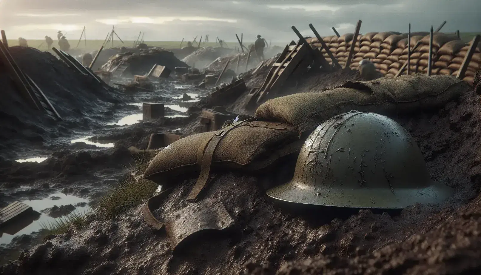 Casco militar de la Primera Guerra Mundial en un campo de batalla con cráteres y trincheras abandonadas bajo un cielo nublado, evocando desolación.