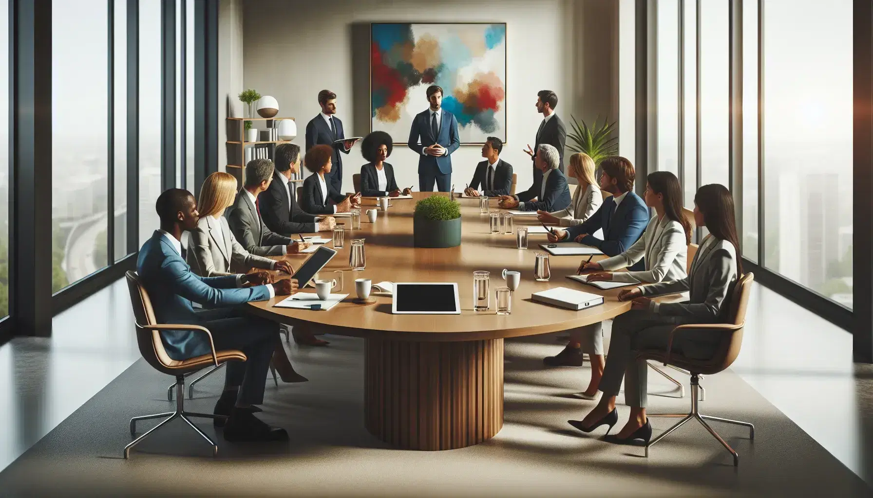 Diverse professional group engaged in a meeting around an oval table with digital devices, notepads, and a vibrant abstract painting in the background.