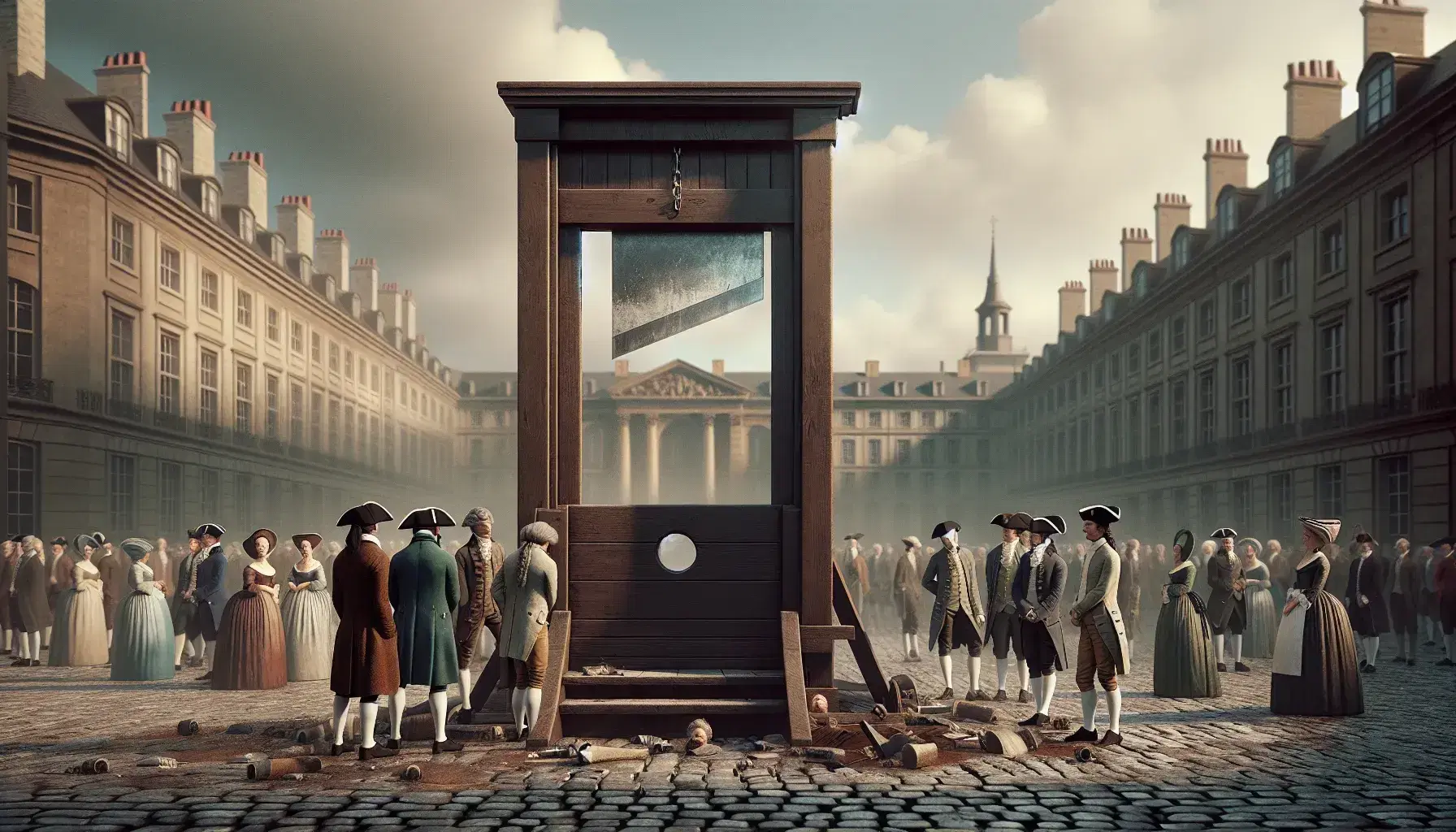 Escena histórica del siglo XVIII con una guillotina de madera y hoja metálica, rodeada de personas con vestimentas de época y edificios clásicos al fondo.