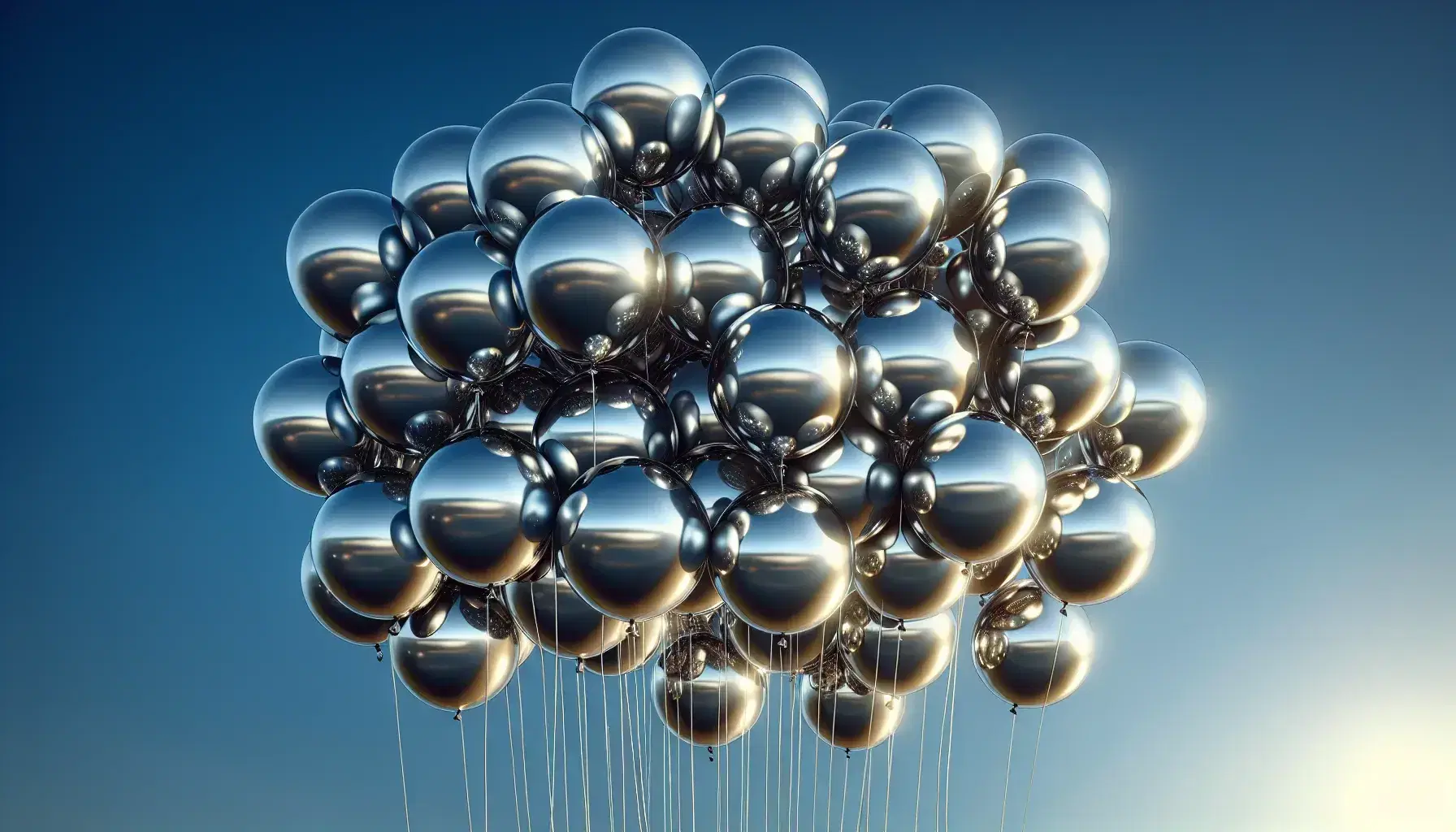 Cluster of shiny silver helium balloons floating against a gradient blue sky, reflecting sunlight with no clouds in sight.