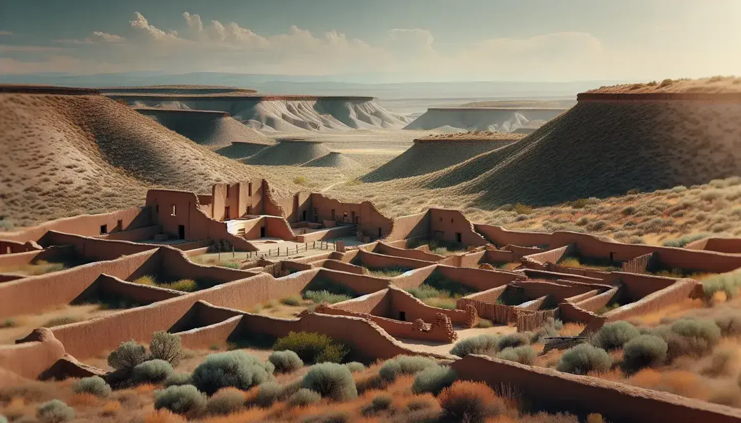 Ruinas arqueológicas de adobe bajo cielo azul con plataforma ceremonial y colinas al fondo en paisaje desértico.