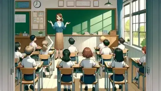 Insegnante spiega lezione a studenti attenti in aula scolastica con banchi, lavagna verde e finestra aperta su cielo azzurro.
