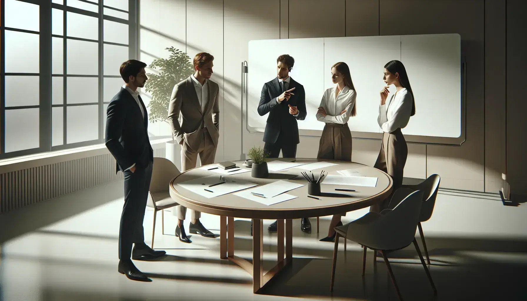 Equipo de profesionales colaborando en una reunión de trabajo alrededor de una mesa redonda con papeles y bolígrafos en una oficina iluminada y ordenada.