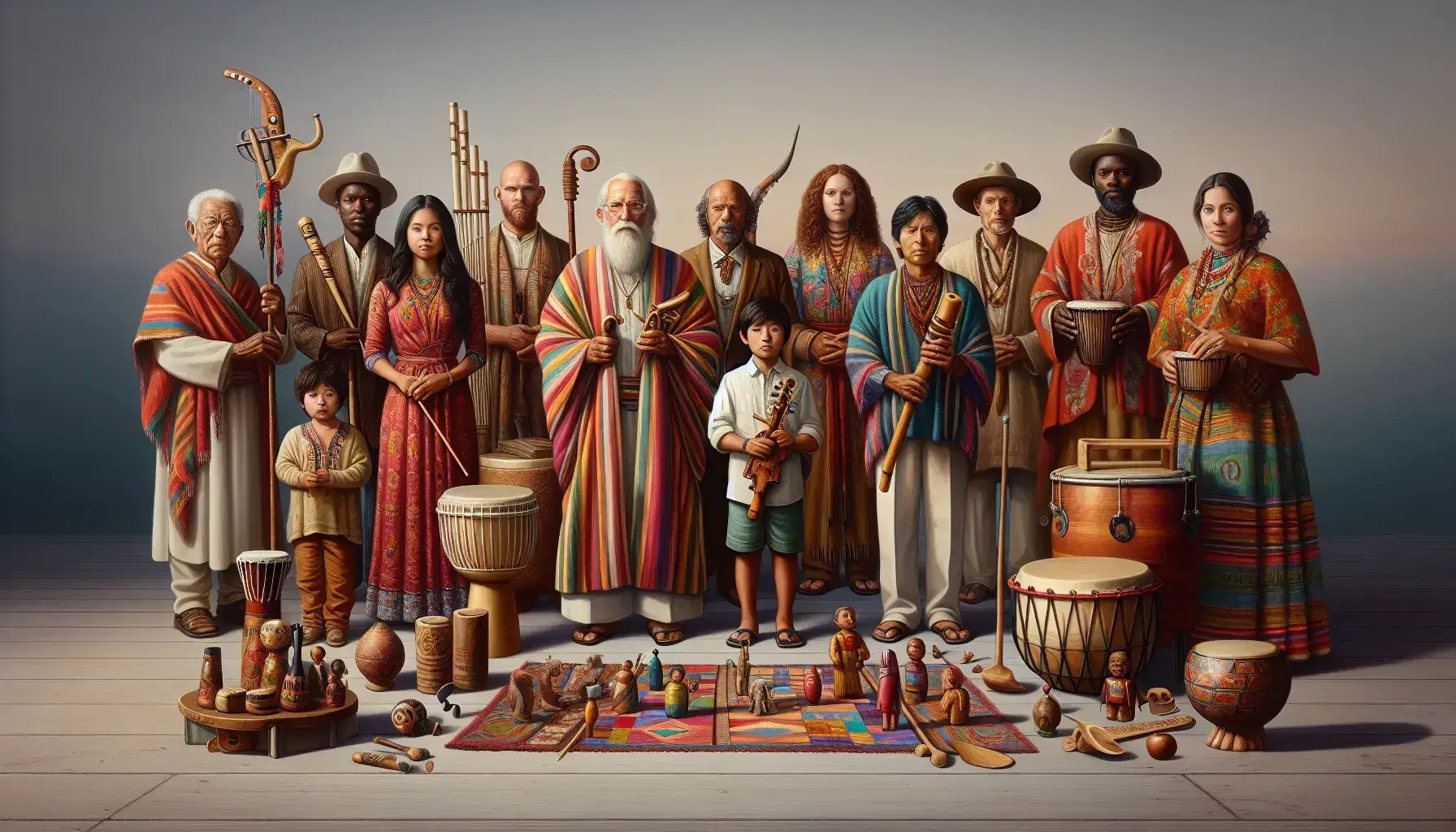 Grupo multicultural con instrumentos musicales y vestimentas tradicionales al aire libre, bajo un cielo azul con árboles y estructura de piedra al fondo.