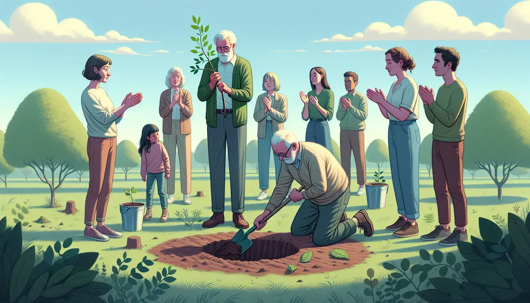 Grupo diverso de cinco personas plantando un árbol en un parque soleado, con un niño aplaudiendo y árboles al fondo.