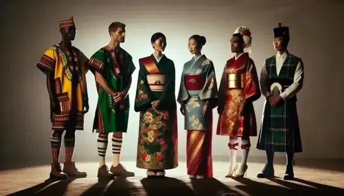 Five individuals in traditional attire from around the world, including a West African dashiki, Indian sari, Japanese kimono, Scottish kilt, and Polynesian dance dress.