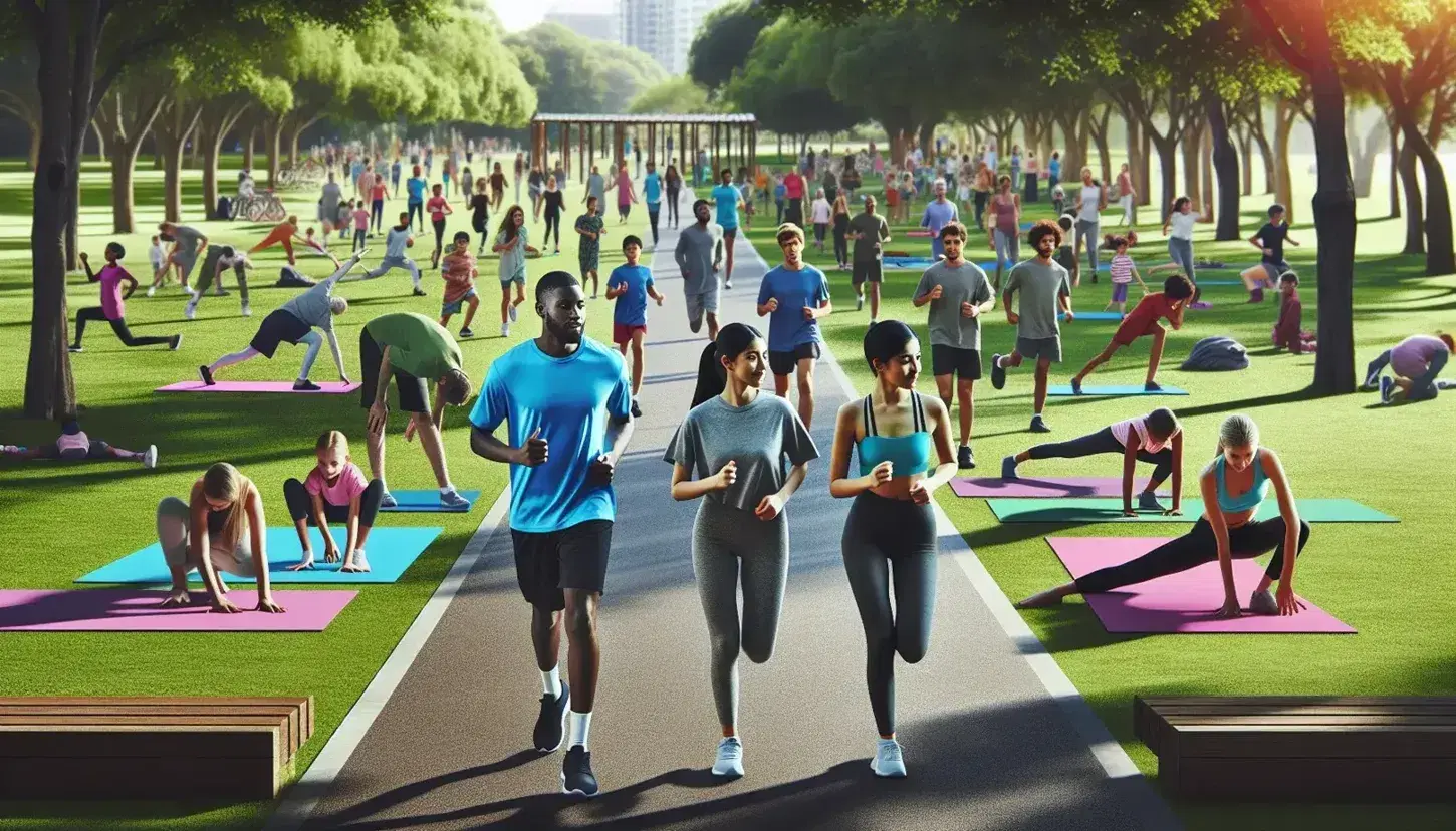 Grupo diverso realizando actividades físicas al aire libre en un parque, con personas corriendo, estirándose en tapetes de yoga y niños jugando en la hierba.