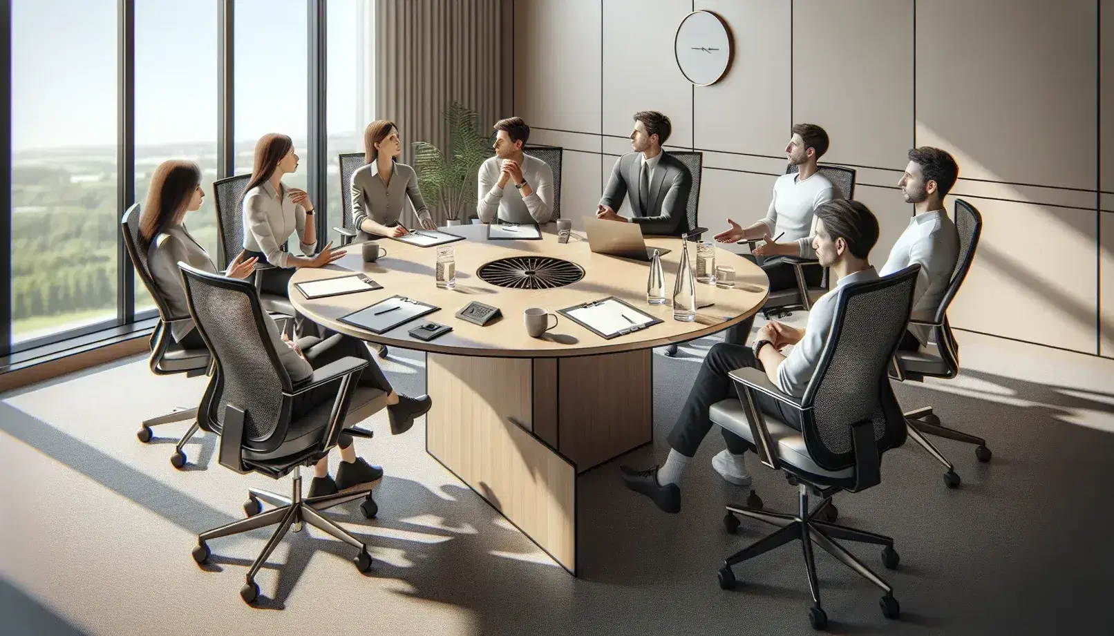 Five professionals in a conference room with ergonomic chairs around a maple table, engaging in a meeting with a laptop, notepad, and drinks, beside a window with a view.