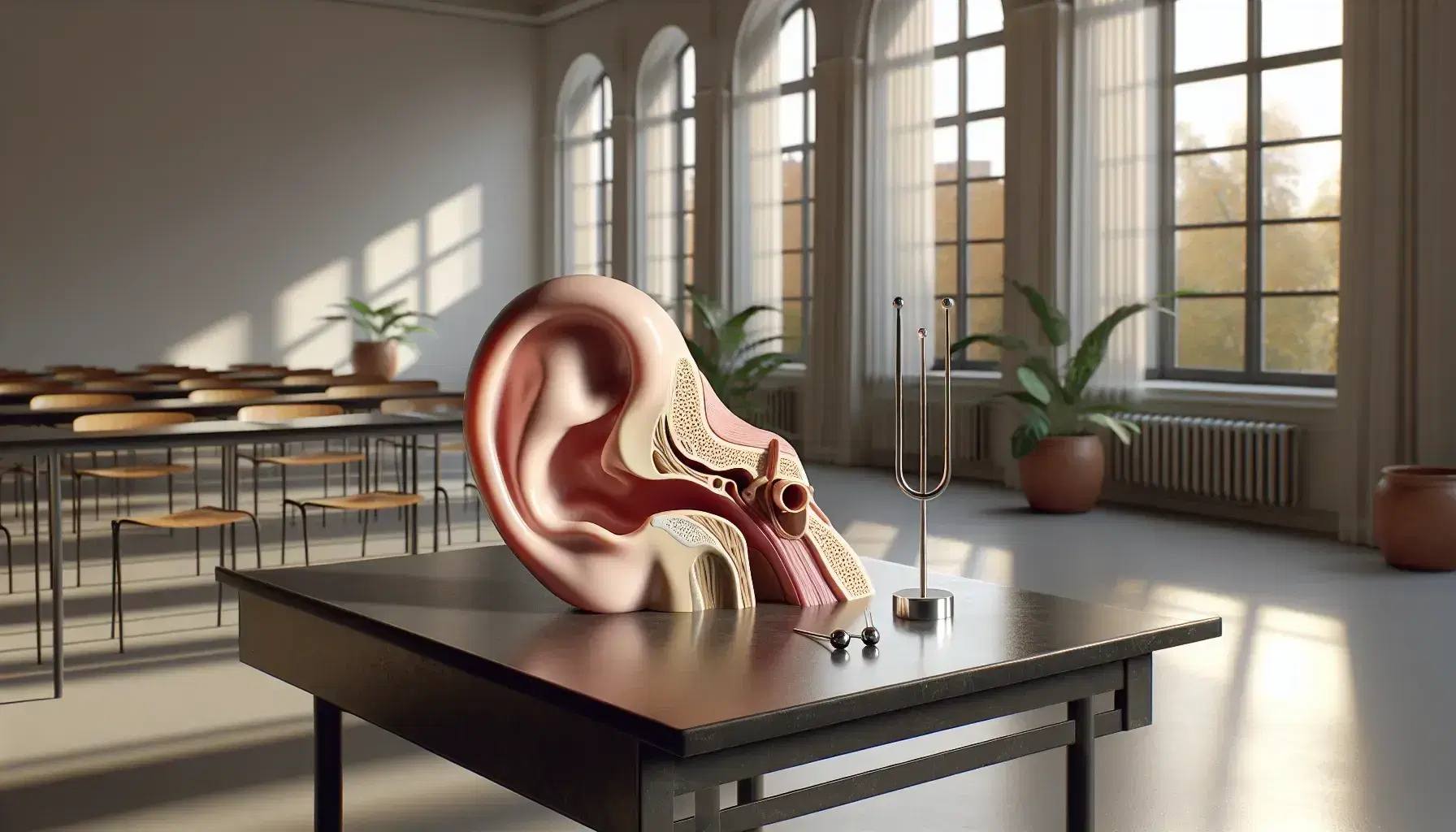 Modello didattico di orecchio umano ingrandito su tavolo in aula con diapason metallico accanto e piante verdi sullo sfondo.