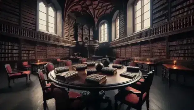 Sala lettura antica con tavolo ovale, sedie imbottite rosse, volumi in pelle, finestre ad arco, scaffali di libri e mappamondo.