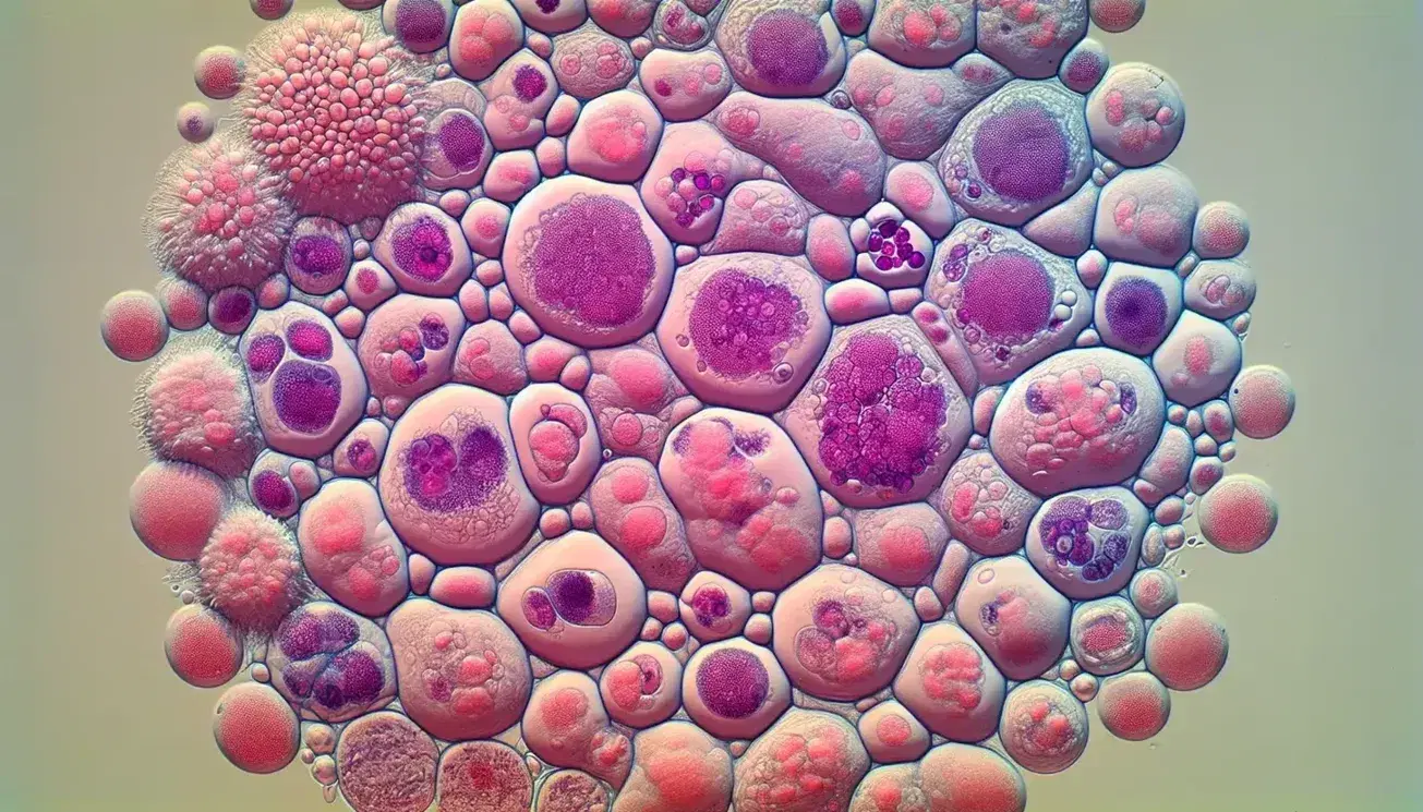 Microfotografia a colori di cellule eucariotiche in vitro con nuclei evidenziati in viola su substrato opaco.