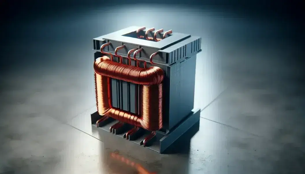 Trasformatore monofase con nucleo magnetico rettangolare grigio e avvolgimenti in rame, posato su pavimento in cemento in ambiente industriale.