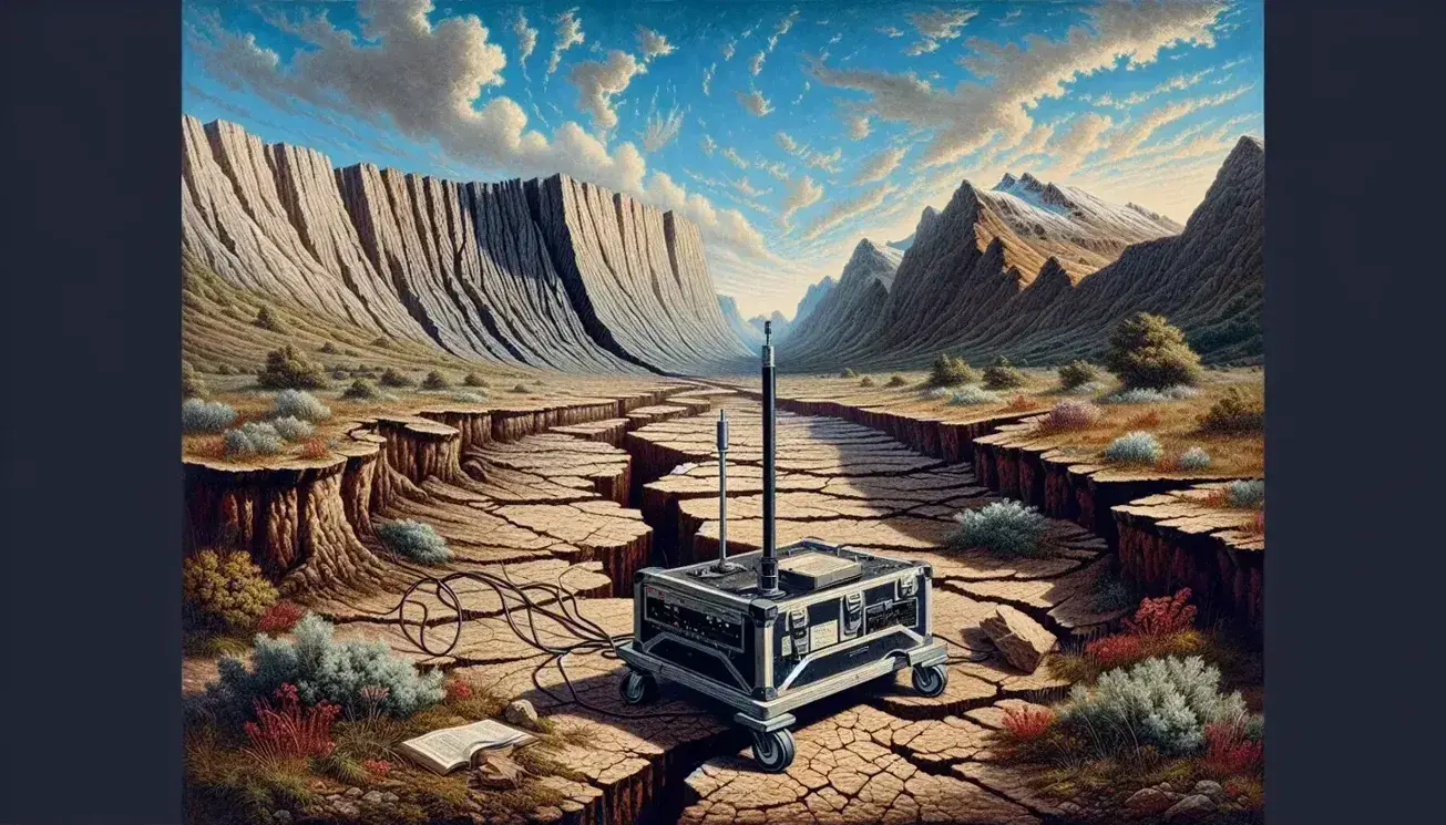 Paesaggio naturale con faglia geologica, terreno fratturato e strati rocciosi visibili, vegetazione scarsa e seismografo portatile in primo piano.