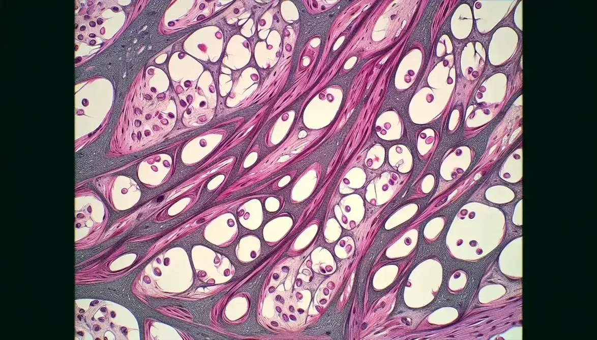 Vista microscópica de tejido conectivo con fibras entrelazadas en tonos rosas y morados y células irregulares con núcleos oscuros.