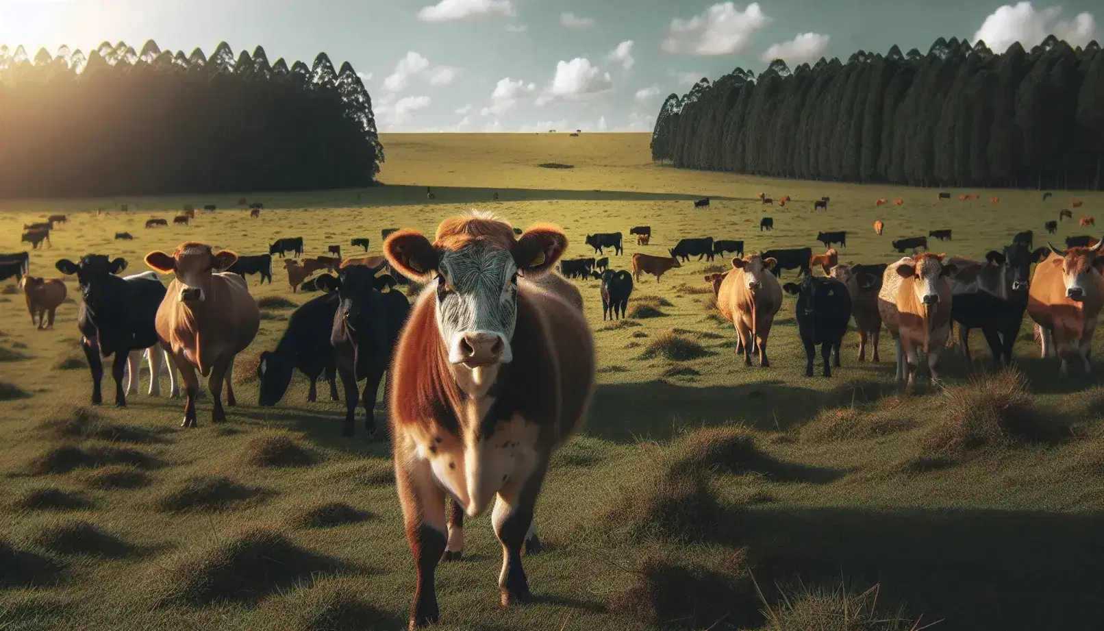 Vaca marrón con manchas blancas frente a un rebaño de ganado pastando en un campo verde bajo un cielo azul con nubes dispersas.