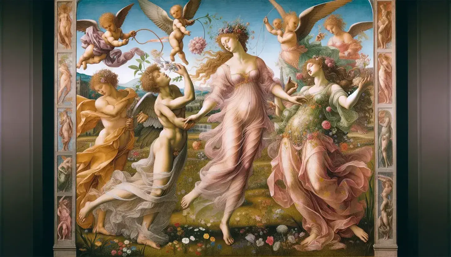 Riproduzione dettagliata de 'La Primavera' di Botticelli con Venere al centro, le Grazie danzanti, Zefiro, Clori e Flora in un paesaggio fiorito.